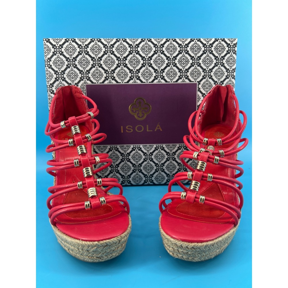Isola Yara Lipstick Red Leather Caged Espadrille Wedge Sandals Womens 9 M NEW